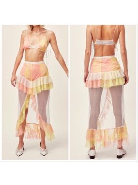 Sheer Ruffle Maxi Skirt in Peach & Yellow